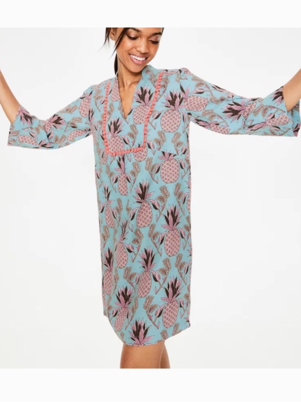 Boden Linen Evangeline Pineapple Print Boho Dress 14L